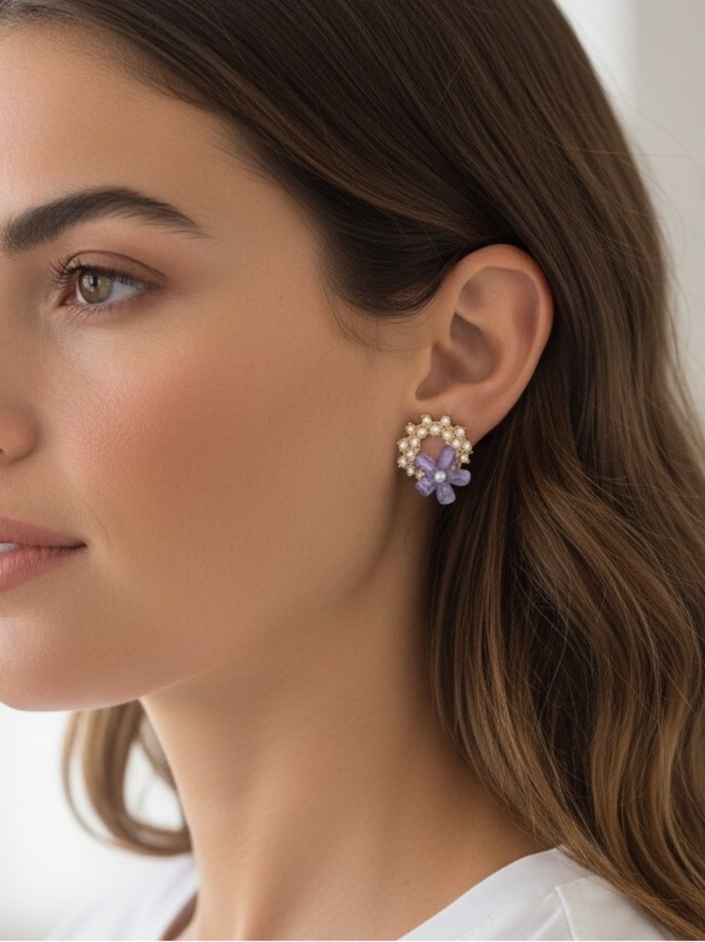 Pearl Cluster & Lavender Flower Stud Earrings - Women Jewelry